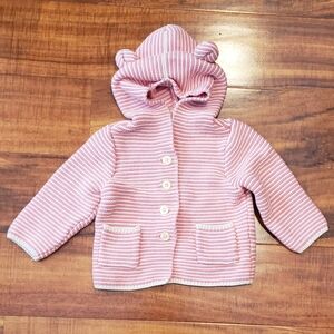GAP Baby EUC 12-18 months cream/pink striped cableknit sweater w/ hood